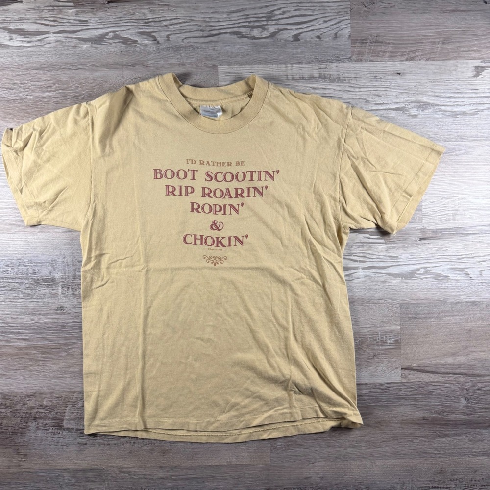 Vintage 1996 Hanes Beefy-T Shirt Mens Large Tan Boot Scootin Novelty Made in USA